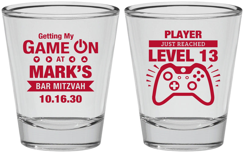 Personalized Bar Mitzvah Shot Glasses - 13th Birthday Video Game | 110013