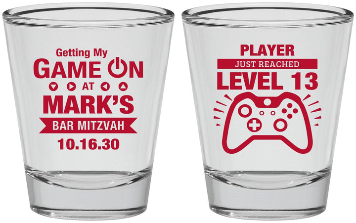 Personalized Bar Mitzvah Shot Glasses - 13th Birthday Video Game | 110013