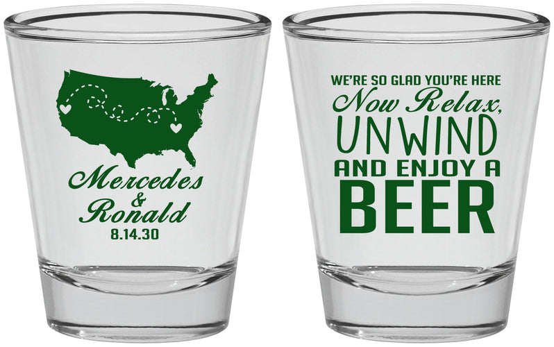 Personalized Wedding Shot Glasses - Relax Unwind Enjoy Beer | 360
