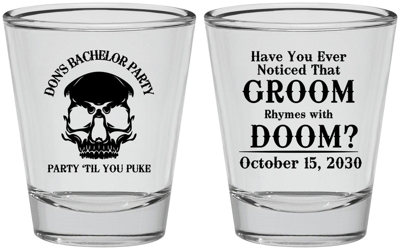Personalized Bachelor Party Shot Glasses - Groom Doom Skull | 40041