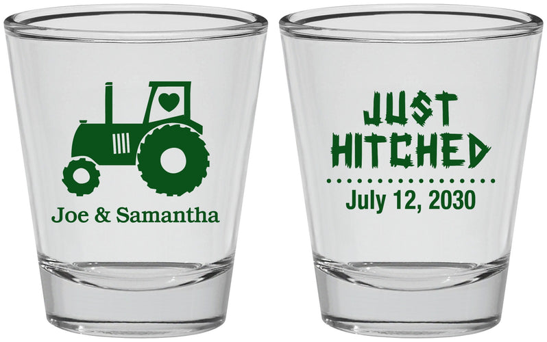 Personalized Wedding Shot Glasses - Just Hitched Tractor | 429