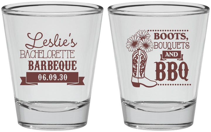 Personalized Bachelorette Shot Glasses - Boots Bouquets Bbq | 60035