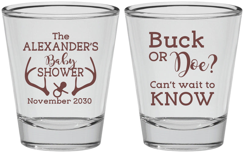 Personalized Baby Shower Shot Glasses - Gender Reveal Buck Or Doe | 90131