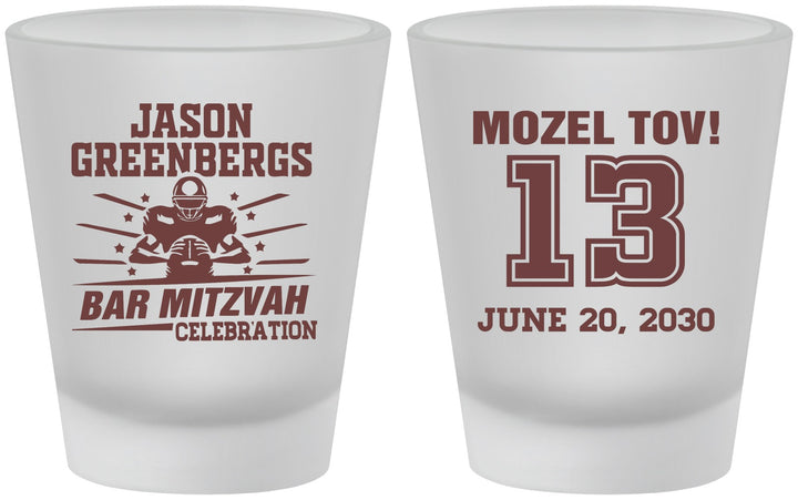 Custom Bar Mitzvah Frosted Shot Glasses - 13th Birthday Football | 110002