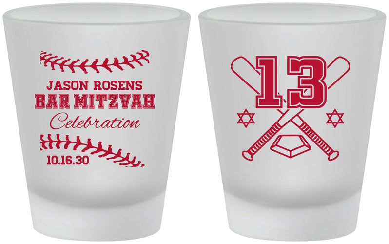 Custom Bar Mitzvah Frosted Shot Glasses - 13th Birthday Baseball | 110005