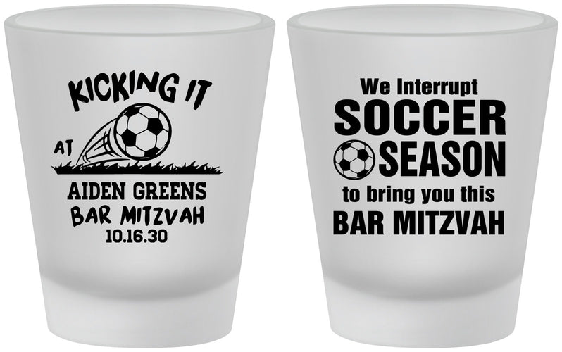 Custom Bar Mitzvah Frosted Shot Glasses - 13th Birthday Soccer | 110009