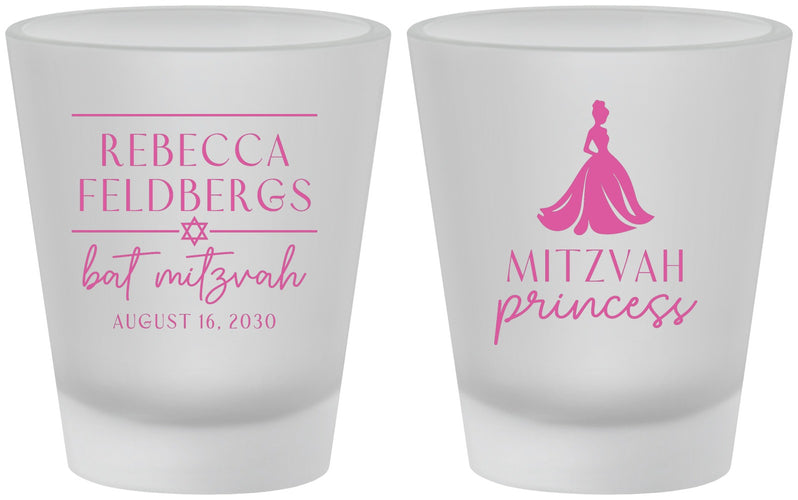 Custom Bat Mitzvah Frosted Shot Glasses - 12th Birthday Princess | 120003