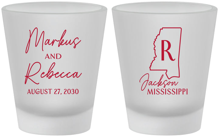 Custom Wedding Frosted Shot Glasses - Mississippi | 123