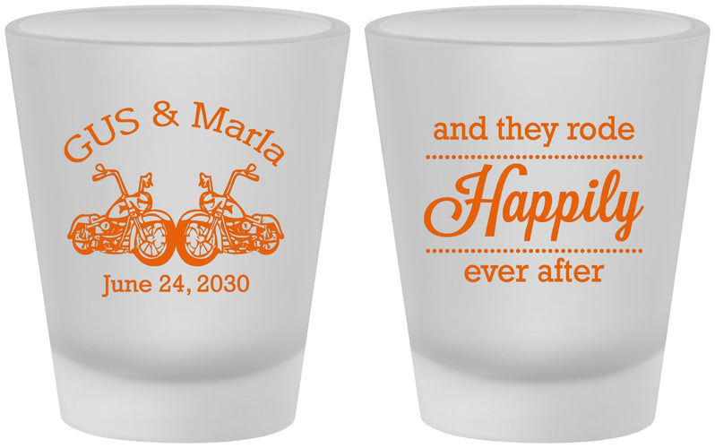 Custom Wedding Frosted Shot Glasses - Happily Ever After Motorcycle | 200