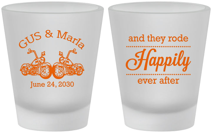 Custom Wedding Frosted Shot Glasses - Happily Ever After Motorcycle | 200