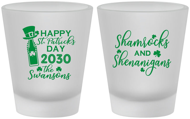 Custom St Patricks Day Frosted Shot Glasses - Shamrocks Shenanigans | 200010