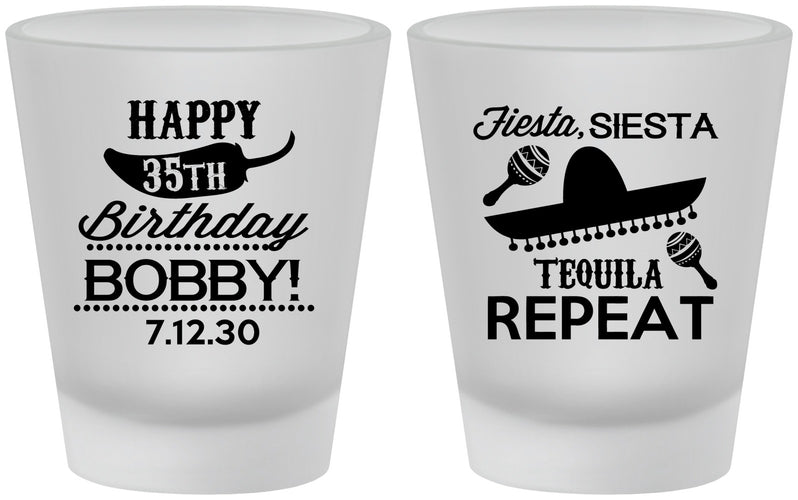 Custom Birthday Frosted Shot Glasses - 35th Fiesta Siesta Tequila | 20031