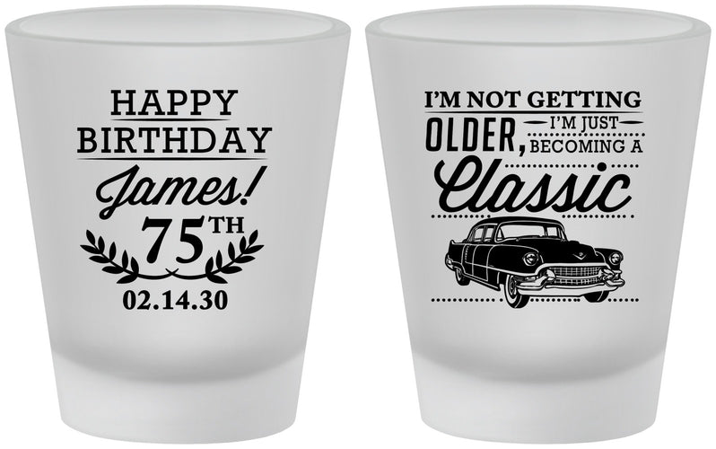 Custom Birthday Frosted Shot Glasses - 75th Classic Car | 20055
