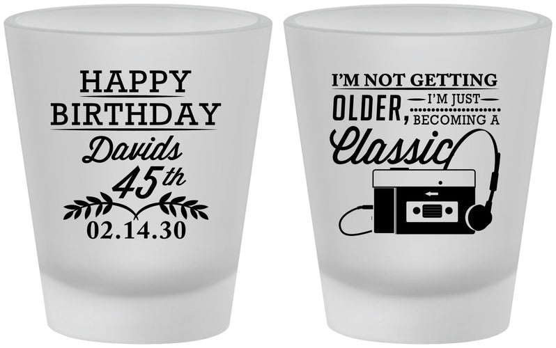 Custom Birthday Frosted Shot Glasses - 45th Cassette Tape | 20059