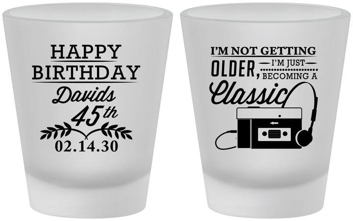 Custom Birthday Frosted Shot Glasses - 45th Cassette Tape | 20059