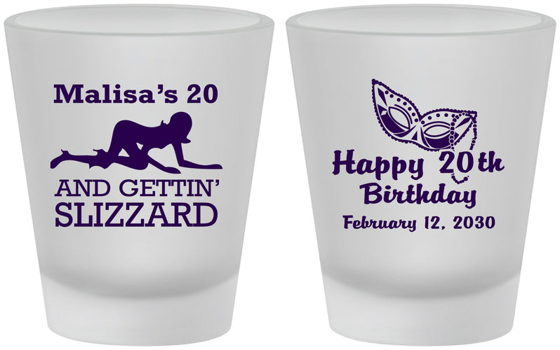 Custom Birthday Frosted Shot Glasses - 20th Mardi Gras | 20084