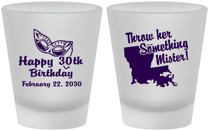 Custom Birthday Frosted Shot Glasses - 30th Mardi Gras | 20146