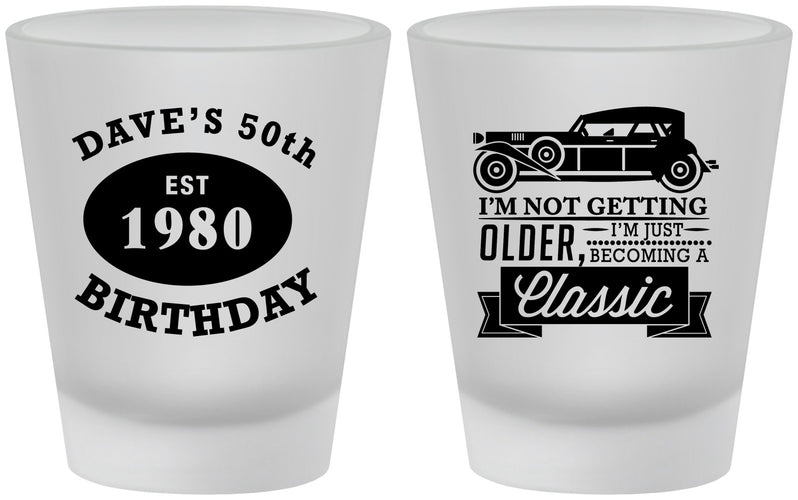 Custom Birthday Frosted Shot Glasses - 50th Classic Car | 20156