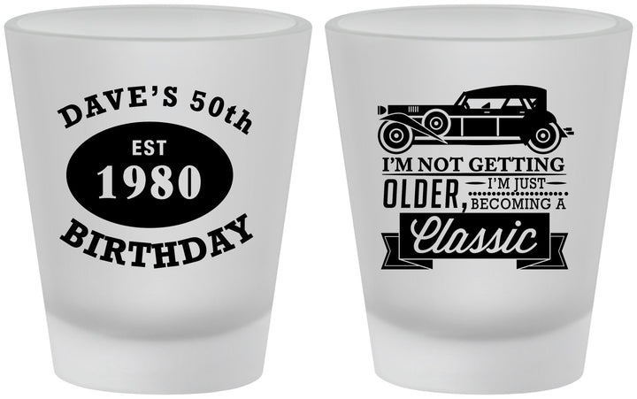 Custom Birthday Frosted Shot Glasses - 50th Classic Car | 20156