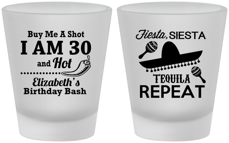 Custom Birthday Frosted Shot Glasses - 30th Fiesta Siesta Tequila | 20177