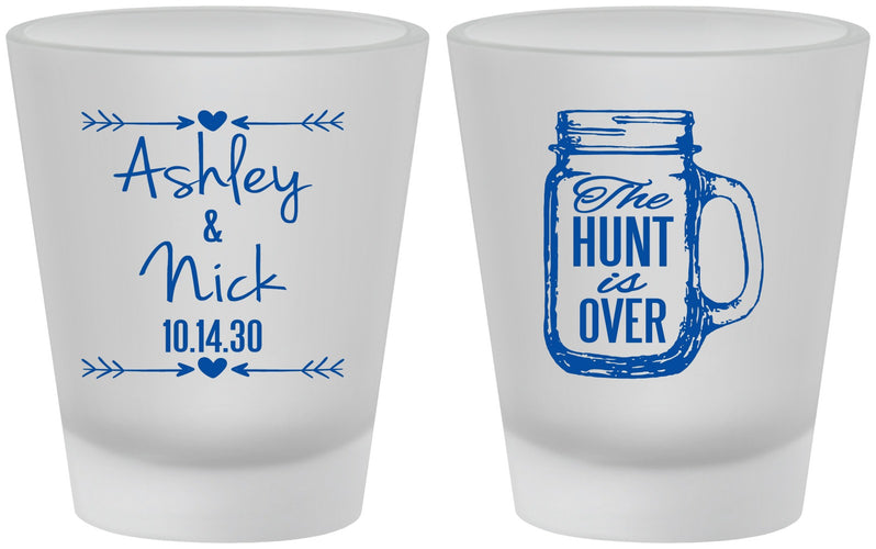 Custom Wedding Frosted Shot Glasses - The Hunt Is Over Mason Jar | 211