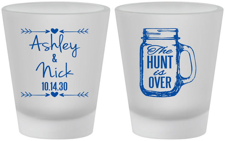 Custom Wedding Frosted Shot Glasses - The Hunt Is Over Mason Jar | 211