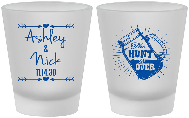 Custom Wedding Frosted Shot Glasses - The Hunt Is Over Mason Jar | 218