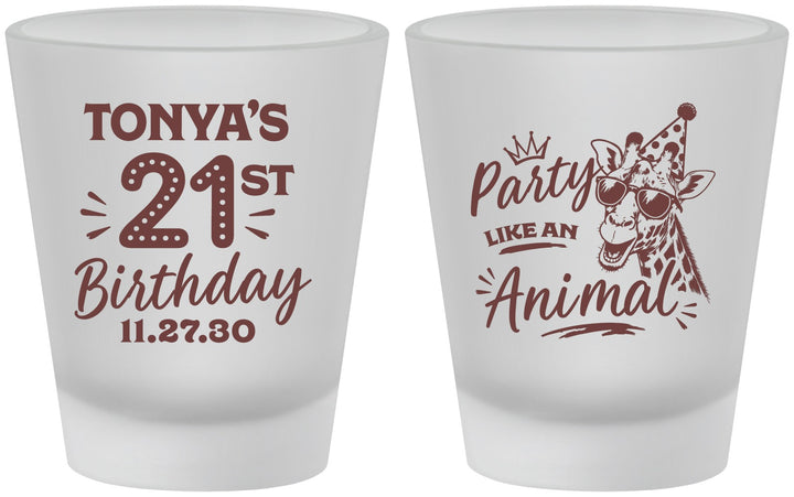 Custom 21st Birthday Frosted Shot Glasses - Party Like An Animal Giraffe | 340022