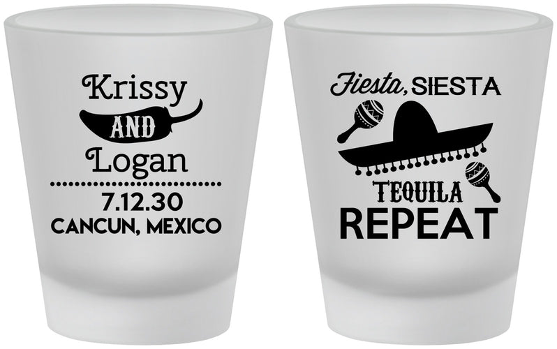 Custom Wedding Frosted Shot Glasses - Fiesta Siesta Tequila Repeat | 344