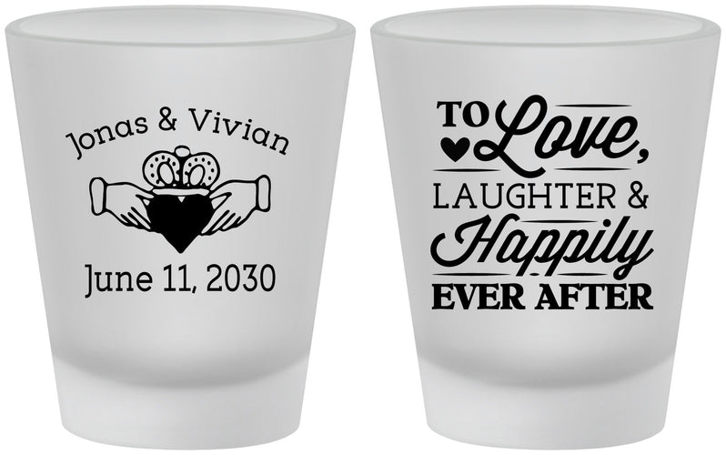 Custom Wedding Frosted Shot Glasses - Love Laughter Happily | 346