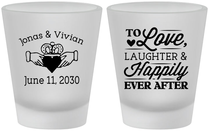 Custom Wedding Frosted Shot Glasses - Love Laughter Happily | 346