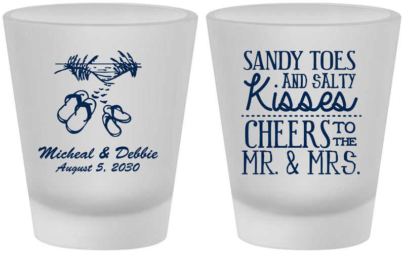 Custom Wedding Frosted Shot Glasses - Sandy Feet Salty Kisses | 357