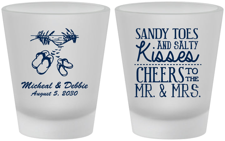 Custom Wedding Frosted Shot Glasses - Sandy Feet Salty Kisses | 357