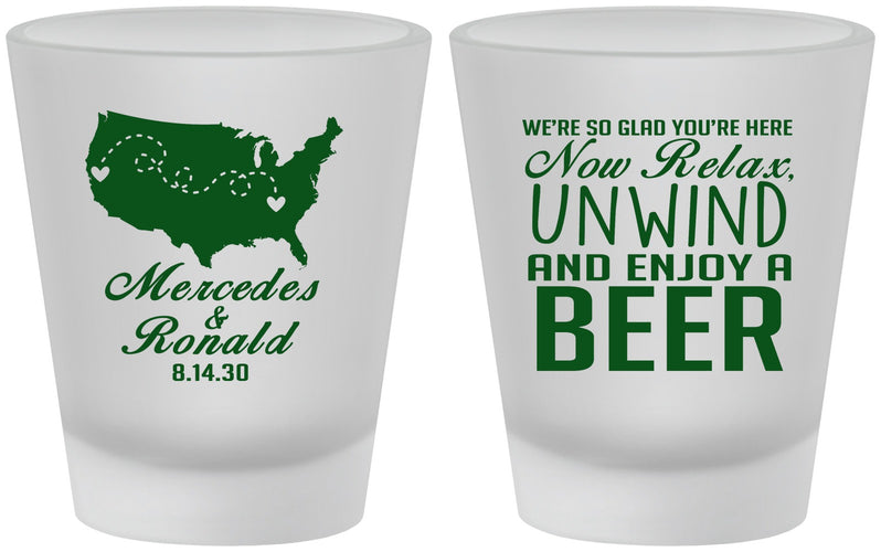 Custom Wedding Frosted Shot Glasses - Relax Unwind Enjoy Beer | 360