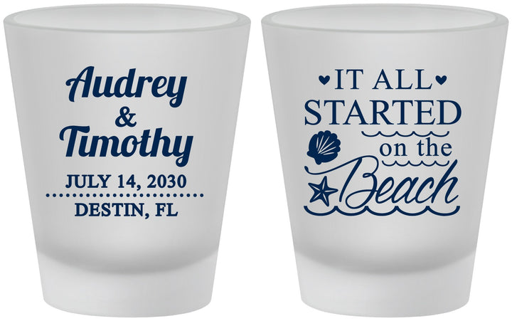 Custom Wedding Frosted Shot Glasses - Started On The Beach | 361