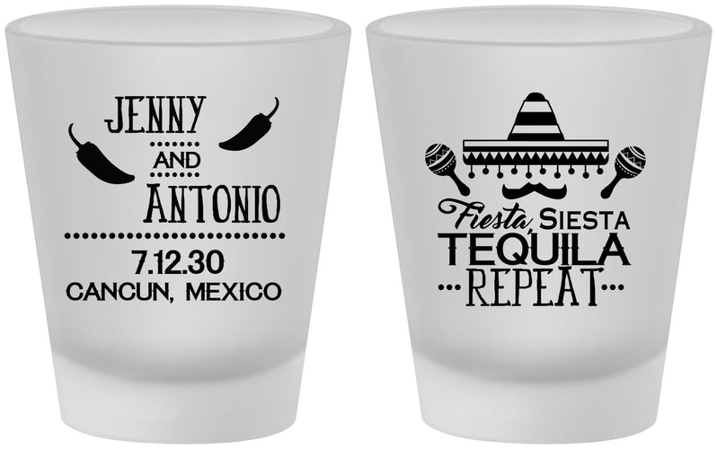 Custom Wedding Frosted Shot Glasses - Fiesta Siesta Tequila Repeat | 369