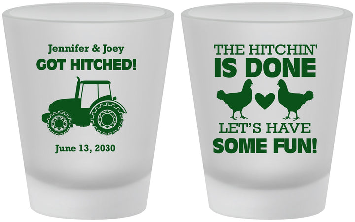 Custom Wedding Frosted Shot Glasses - Got Hitched Tractor | 397