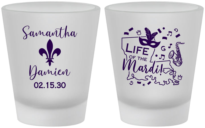 Custom Wedding Frosted Shot Glasses - Mardi Gras | 398
