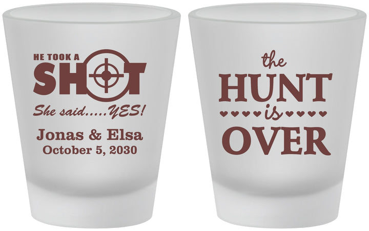Custom Wedding Frosted Shot Glasses - The Hunt Is Over | 400