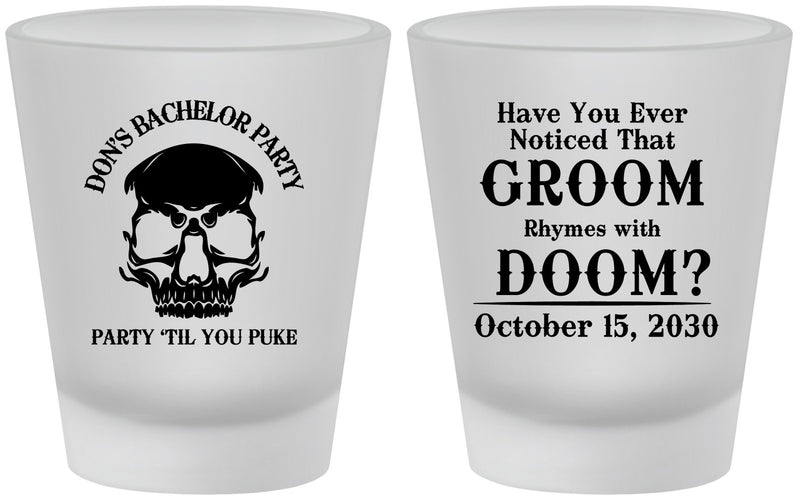 Custom Bachelor Party Frosted Shot Glasses - Groom Doom Skull | 40041