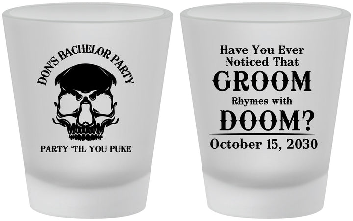 Custom Bachelor Party Frosted Shot Glasses - Groom Doom Skull | 40041
