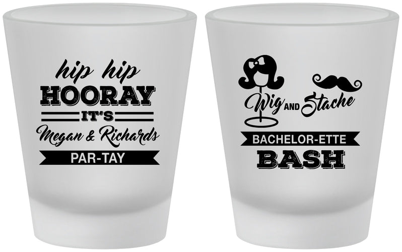 Custom Bachelor Party Frosted Shot Glasses - Wig Or Stache | 40058