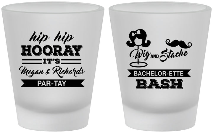 Custom Bachelor Party Frosted Shot Glasses - Wig Or Stache | 40058