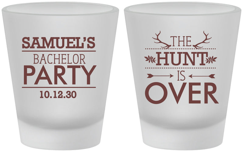 Custom Bachelor Party Frosted Shot Glasses - Hunt Is Over | 40084