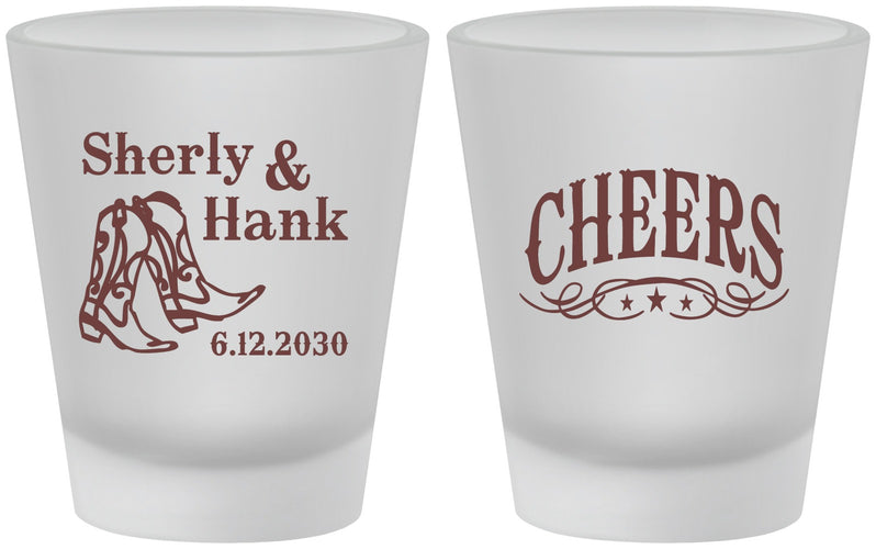 Custom Wedding Frosted Shot Glasses - Cheers Cowboy | 411