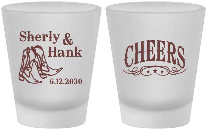 Custom Wedding Frosted Shot Glasses - Cheers Cowboy | 411