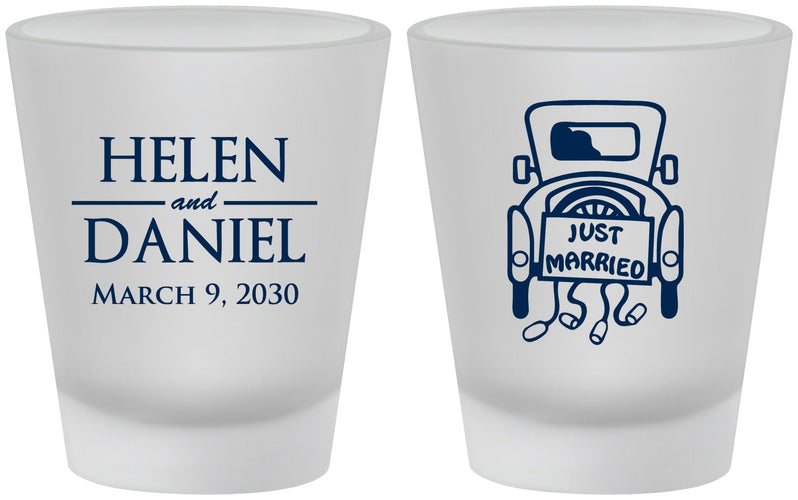Custom Wedding Frosted Shot Glasses - Just Married Old Car | 413