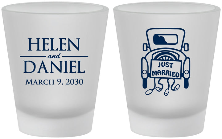 Custom Wedding Frosted Shot Glasses - Just Married Old Car | 413