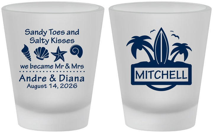 Custom Wedding Frosted Shot Glasses - Sandy Toes Salty Kisses | 419