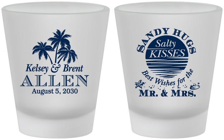 Custom Wedding Frosted Shot Glasses - Sandy Hugs Salty Kisses | 425